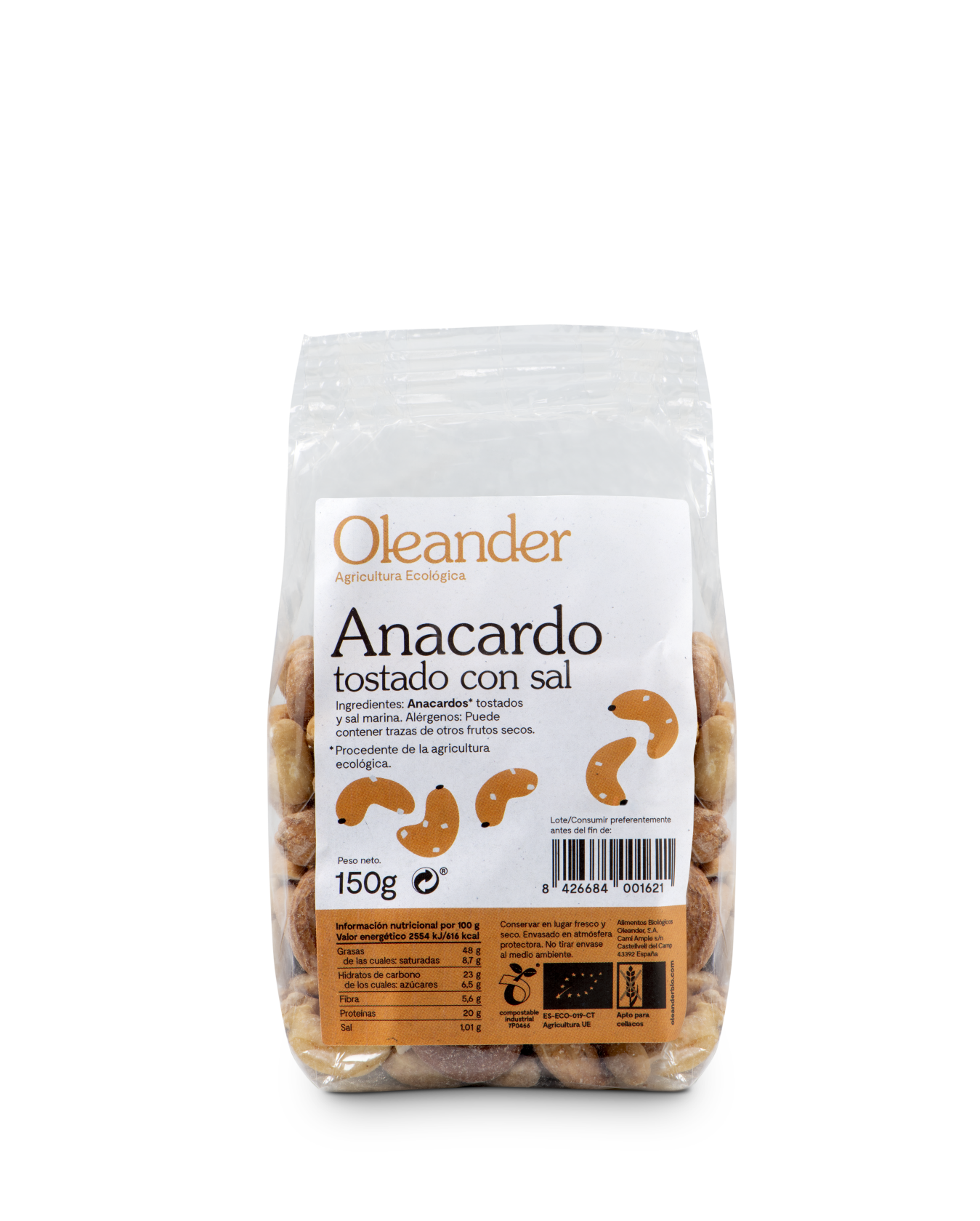 Oleander Anacardo Tostado Bio S/g 150 G Vegan