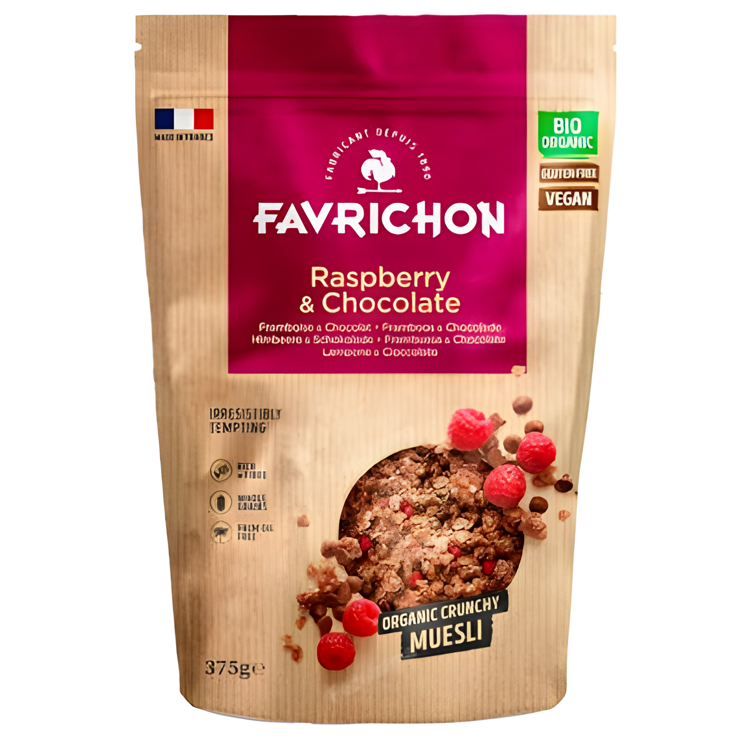 FAVRICHON CRUNCHY MUESLI RASPBERRY CHOCOLATE 375 gr. BIO SG VEGAN