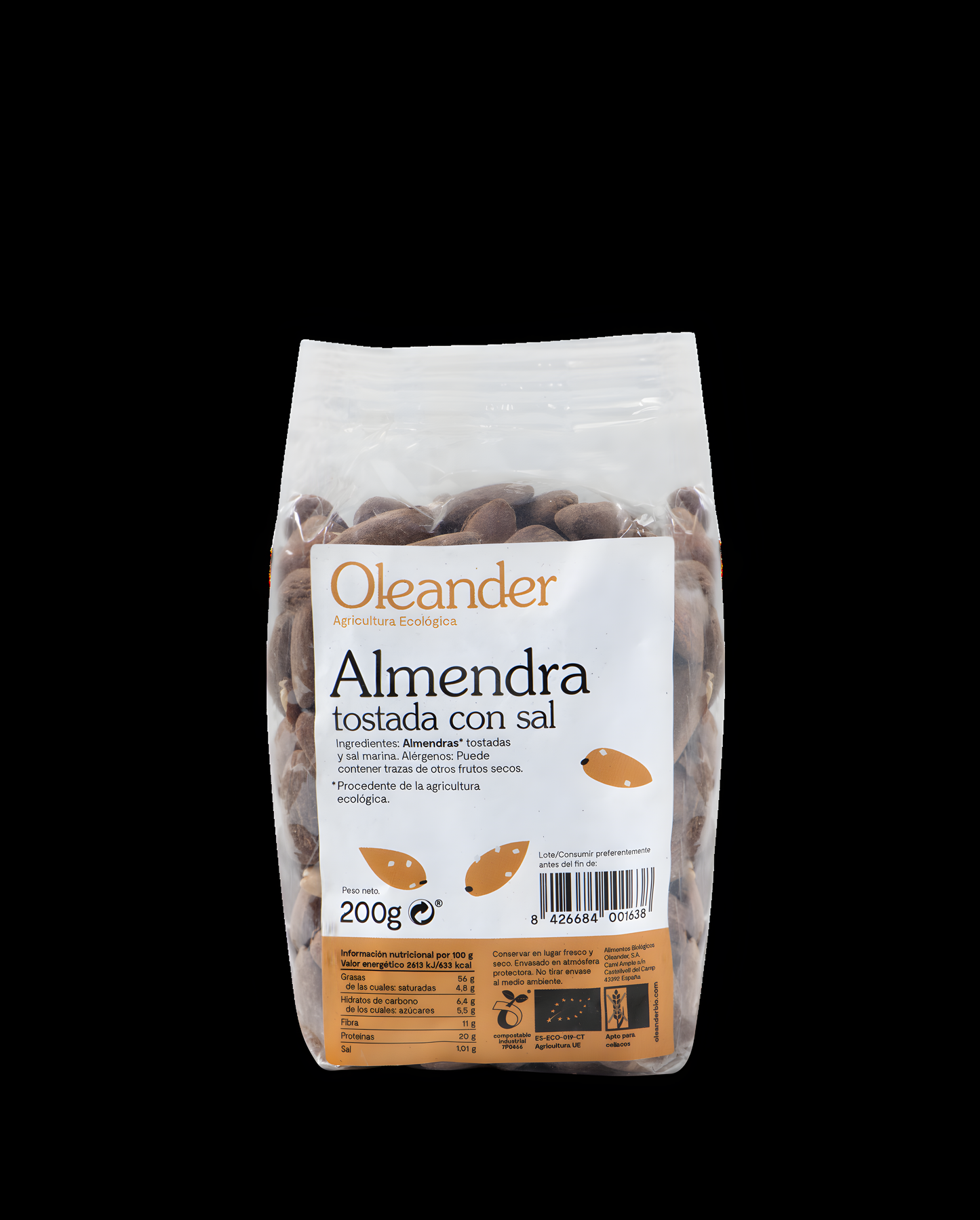 Oleander Almendra Tostada Salada con Piel Bio S/g 200 G Vegan
