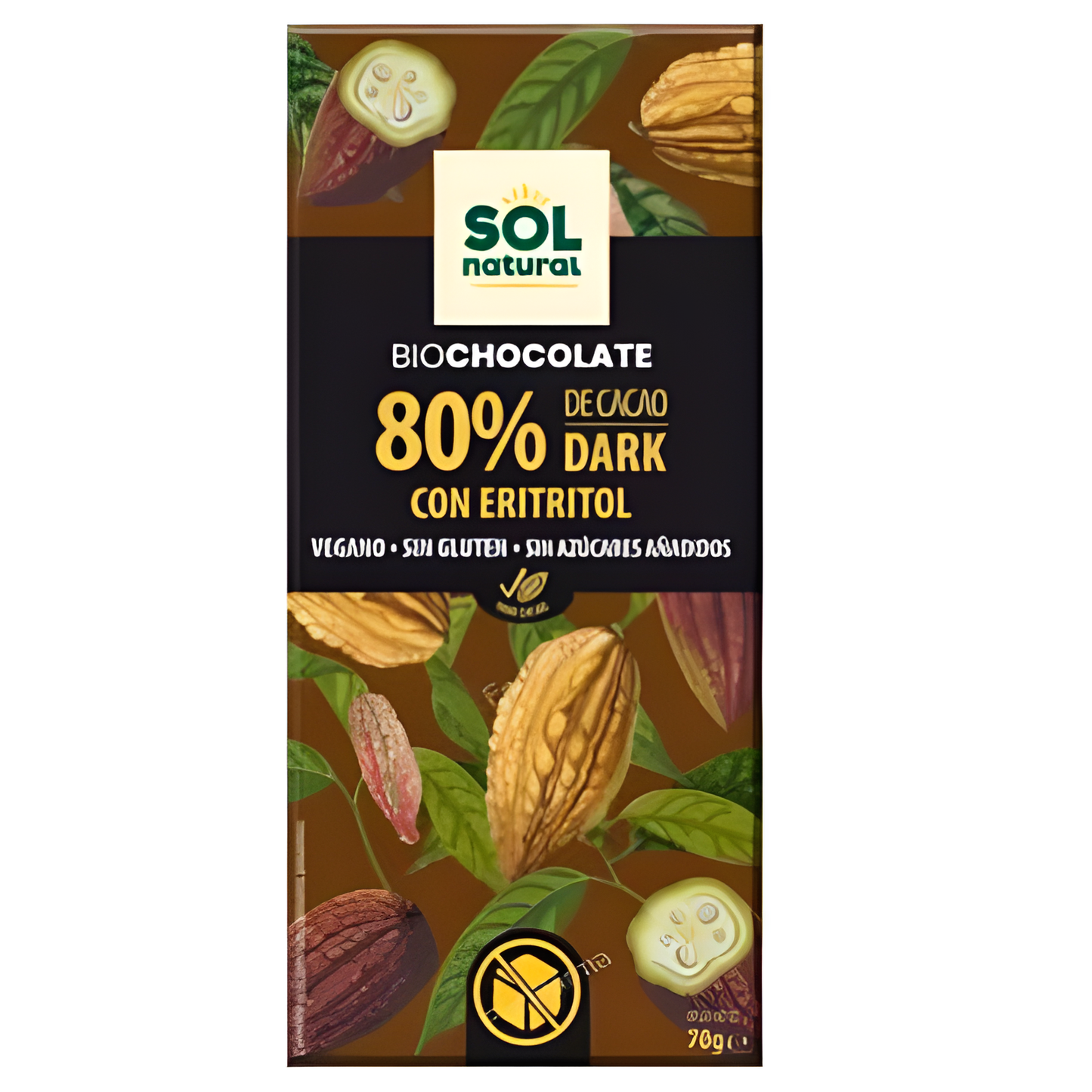 SOLNATURAL CHOCOLATE 80% con eritritol tableta 70g BIO VEGAN