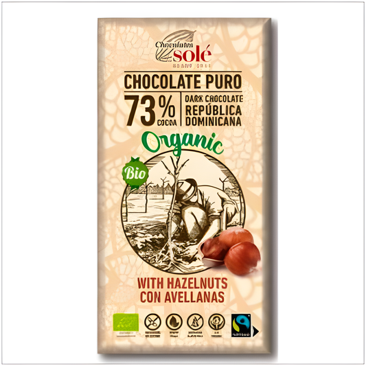 CHOCOLATES SOLE CHOCOLATE NEGRO 73% con avellanas 150g ECO SG VEGA