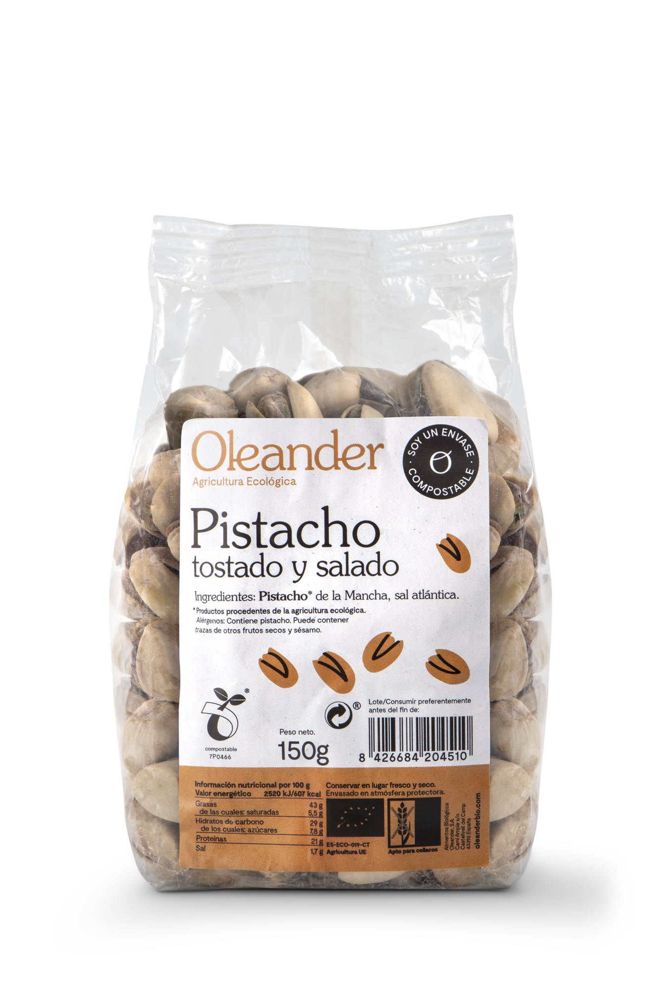 Oleander Pistacho en Cascara Tostado Salado Bio S/g 150 G Vegan