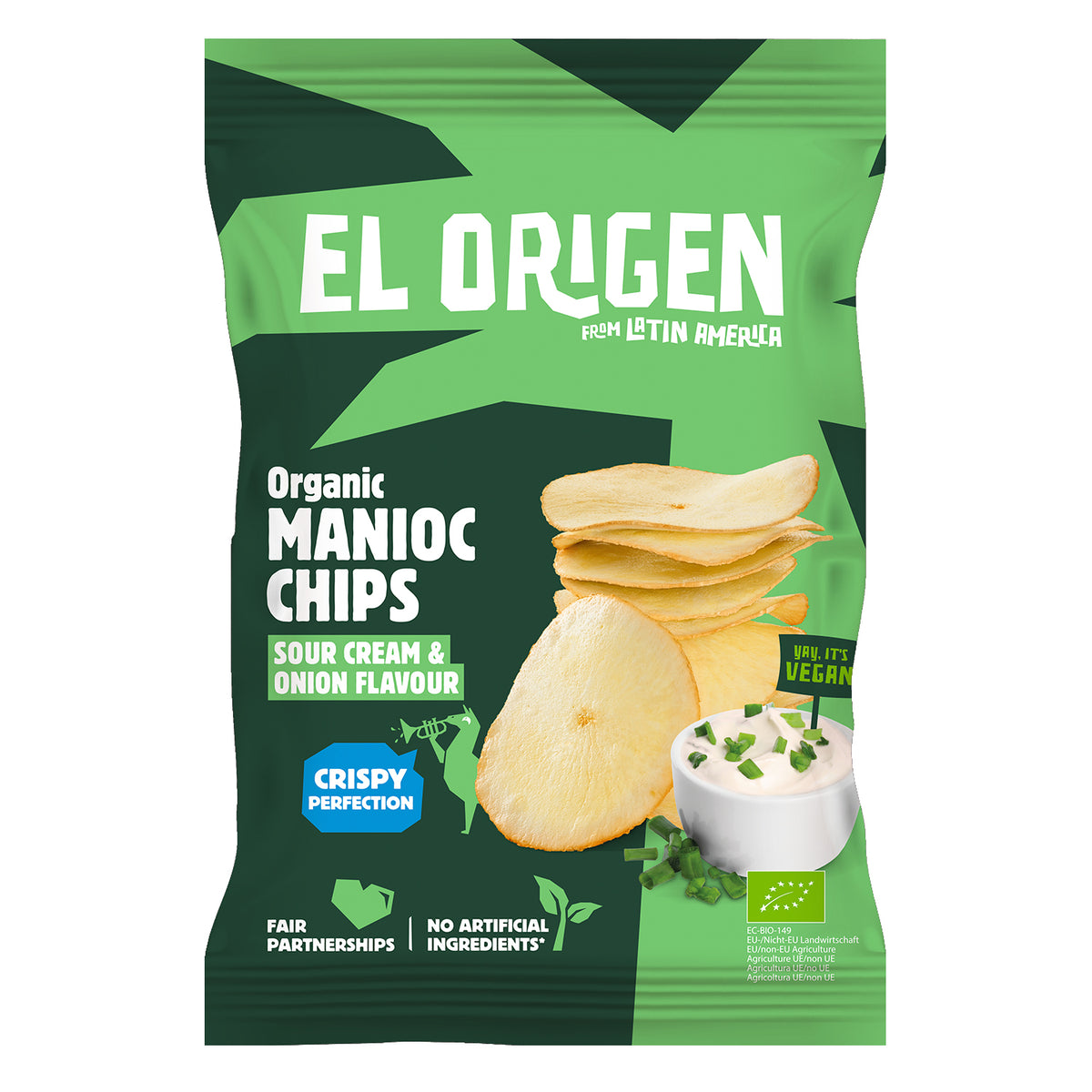 EL ORIGEN CHIPS ECOLOGICOS DE YUCA CON SABOR A CEBOLLA Y CREMA AGRIA, VEGANO 60 G